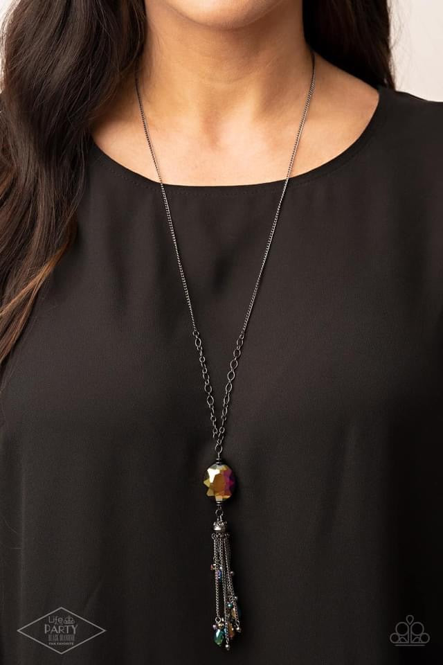 Fringe Flavor - Multi-Color Oil Spill Long Necklace - Black Diamond Piece